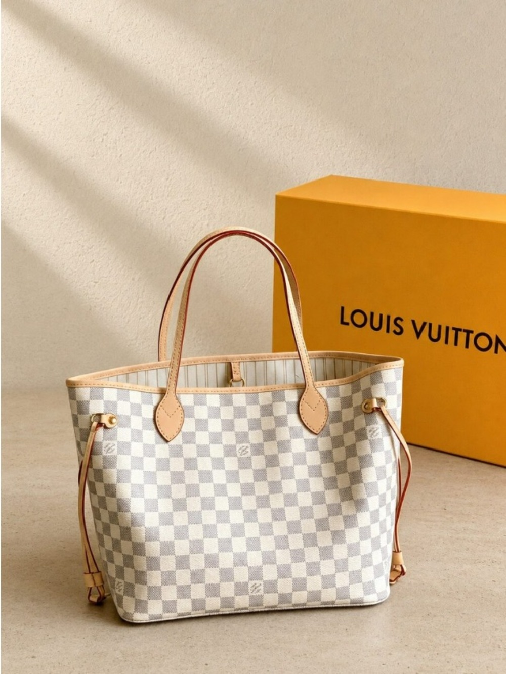 Louis Vuitton Damier Azur Neverfull Tote in Cream and Tan